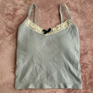 NWOT Shein XS Grey Tank Top with Beige Lace Trim & Black Bow (built in padding)